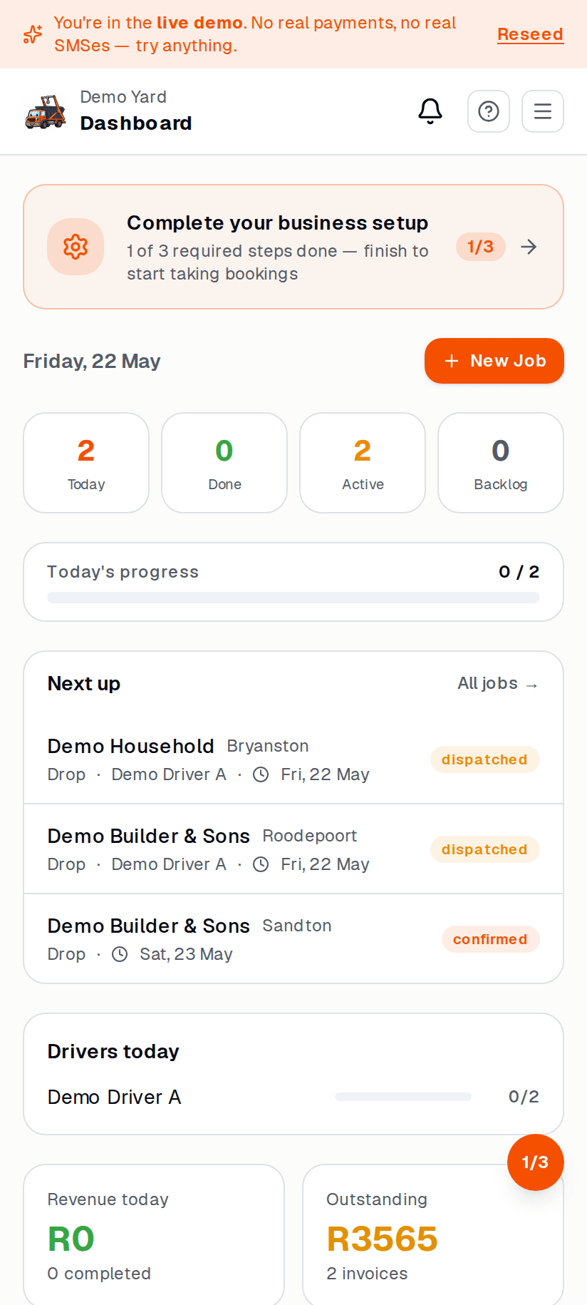 Dashboard with +New job — on mobile
