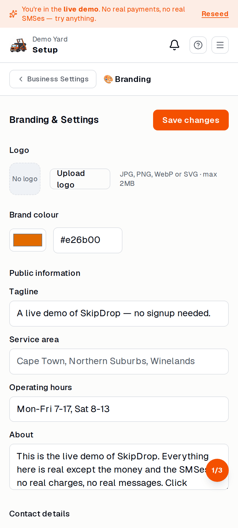 Store settings page — on mobile