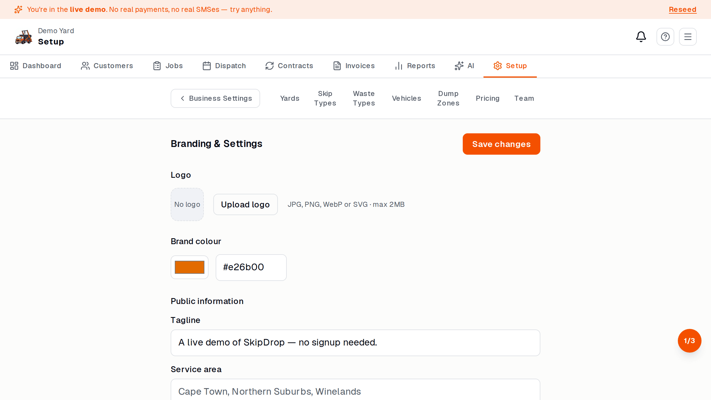 Store settings page