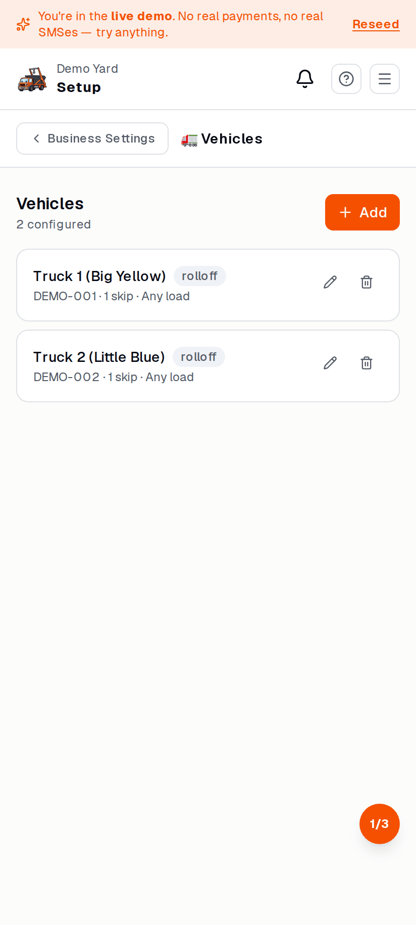 Fleet page with vehicle list — on mobile