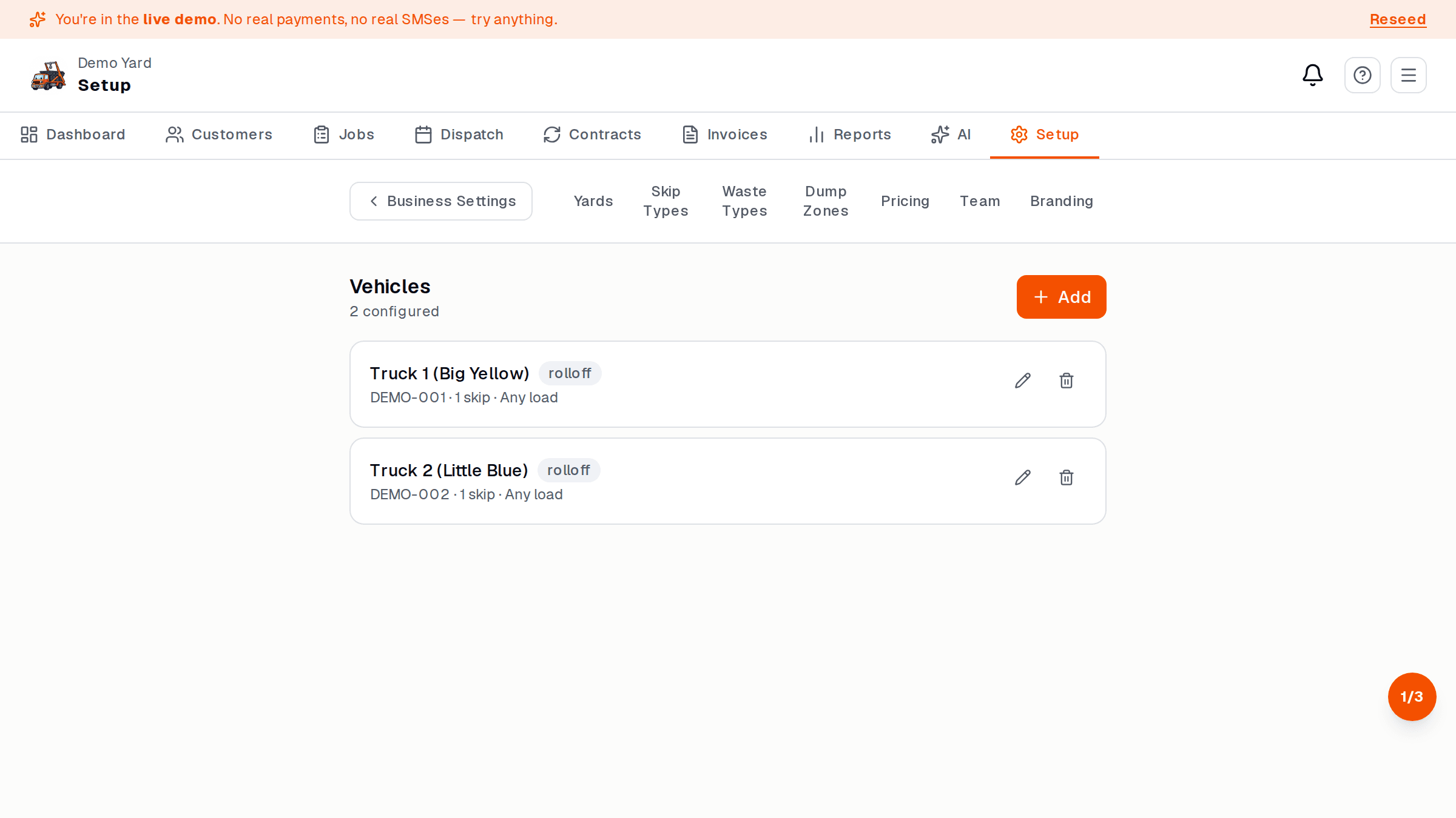 Fleet page with vehicle list