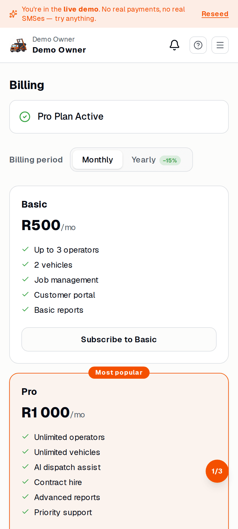Payments setup page — on mobile